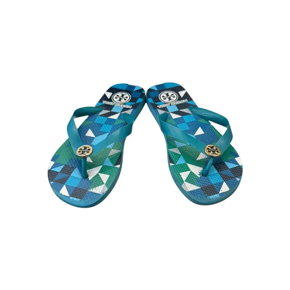 Tory Burch Chelsea Geometric Thin Flip Flops Blue Green Gold Logo Sz 6